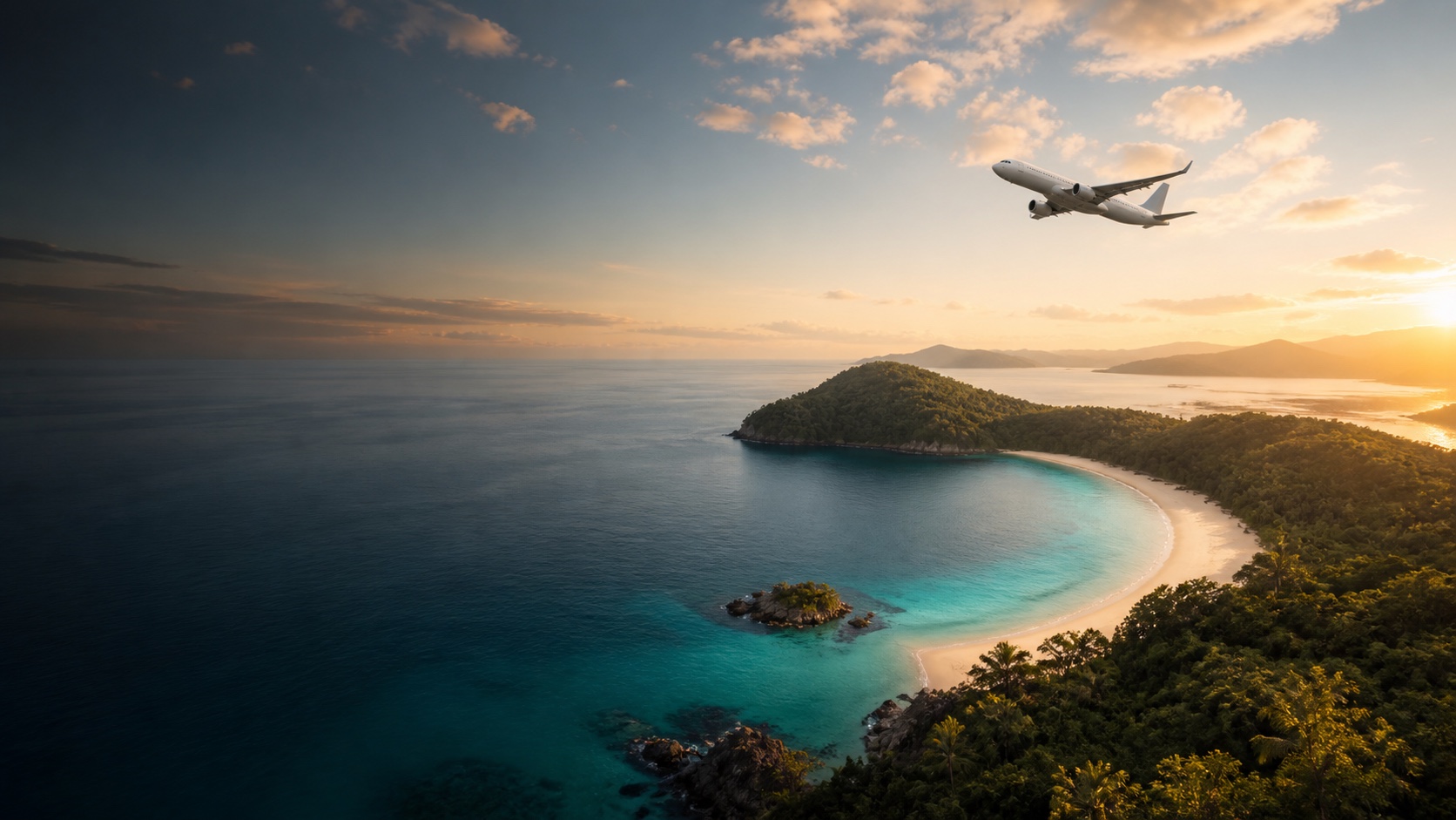 Praia paradisíaca com mar azul-turquesa e avião sobrevoando a costa